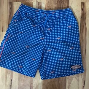 Vineyard Vines Blue Gingham Swim Trunks with Red Boat Accents